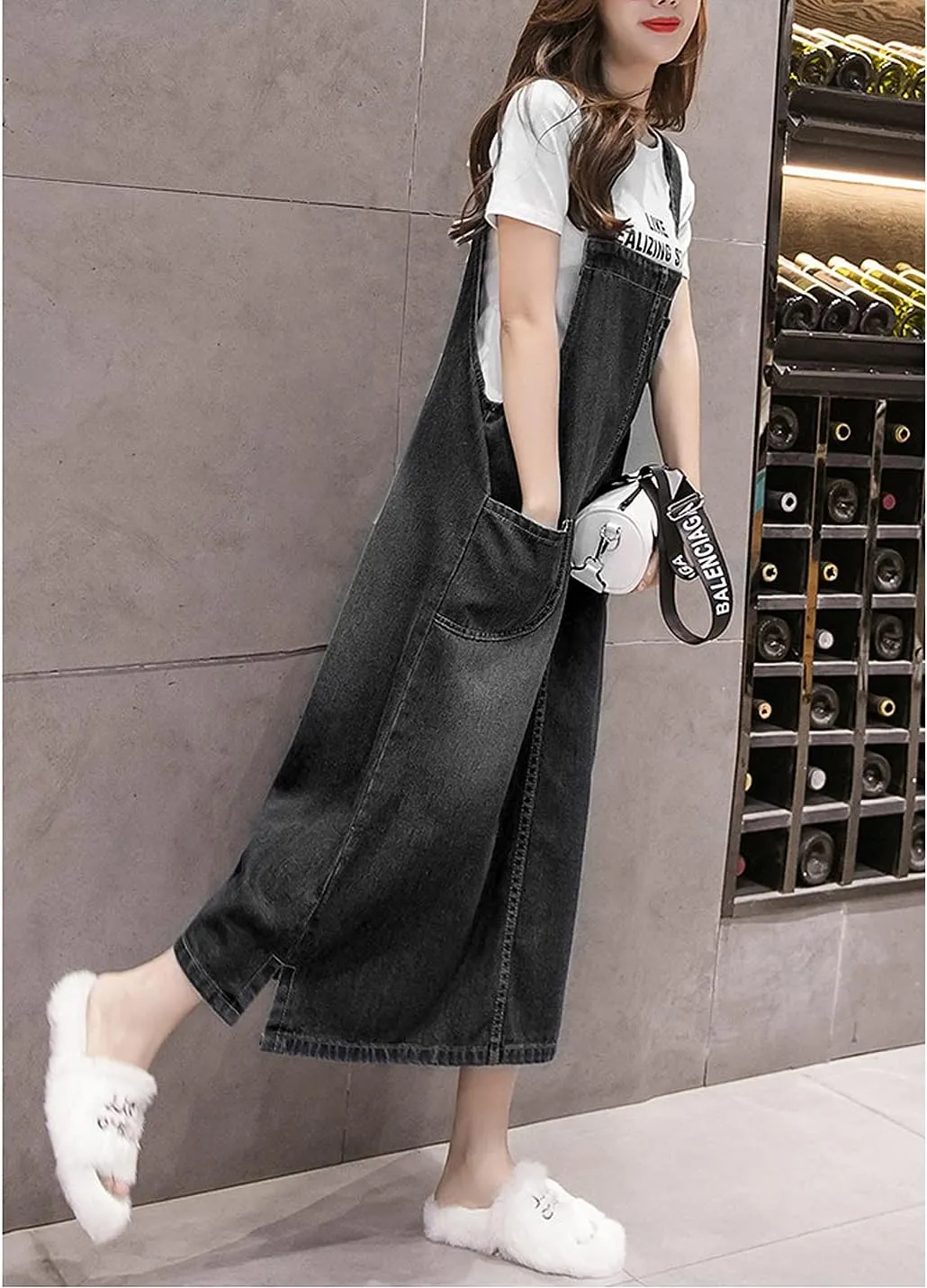 Women's Denim Strap Dress Large Size Loose Casual Solid Color Mid-Length Skirt
