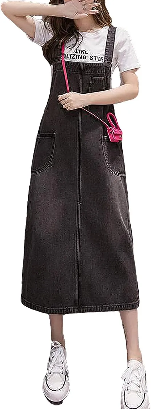 Women's Denim Strap Dress Large Size Loose Casual Solid Color Mid-Length Skirt