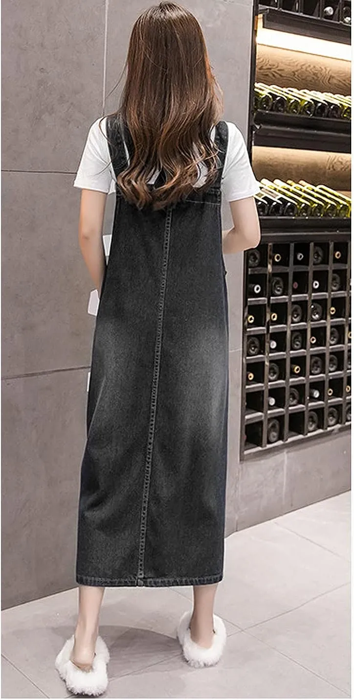 Women's Denim Strap Dress Large Size Loose Casual Solid Color Mid-Length Skirt