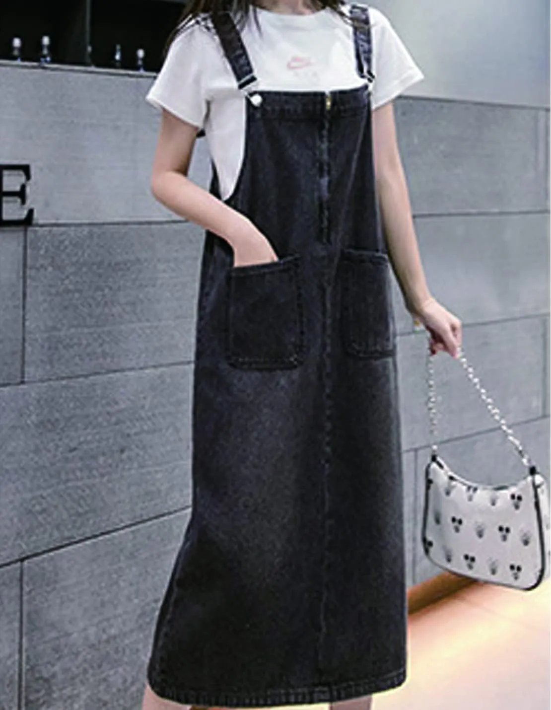 Women's Denim Strap Dress Large Size Loose Casual Solid Color Mid-Length Skirt