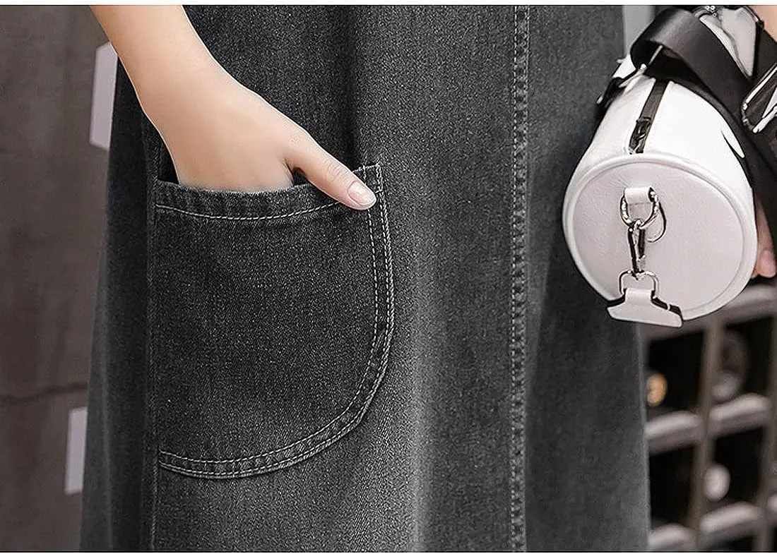 Women's Denim Strap Dress Large Size Loose Casual Solid Color Mid-Length Skirt