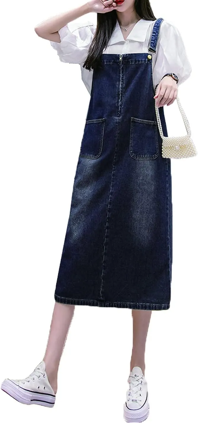 Women's Denim Strap Dress Large Size Loose Casual Solid Color Mid-Length Skirt
