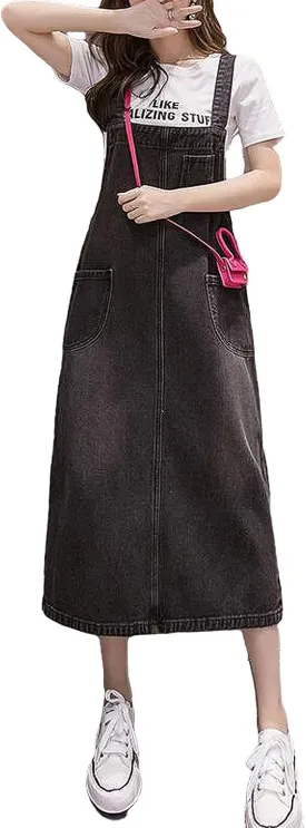 Women's Denim Strap Dress Large Size Loose Casual Solid Color Mid-Length Skirt