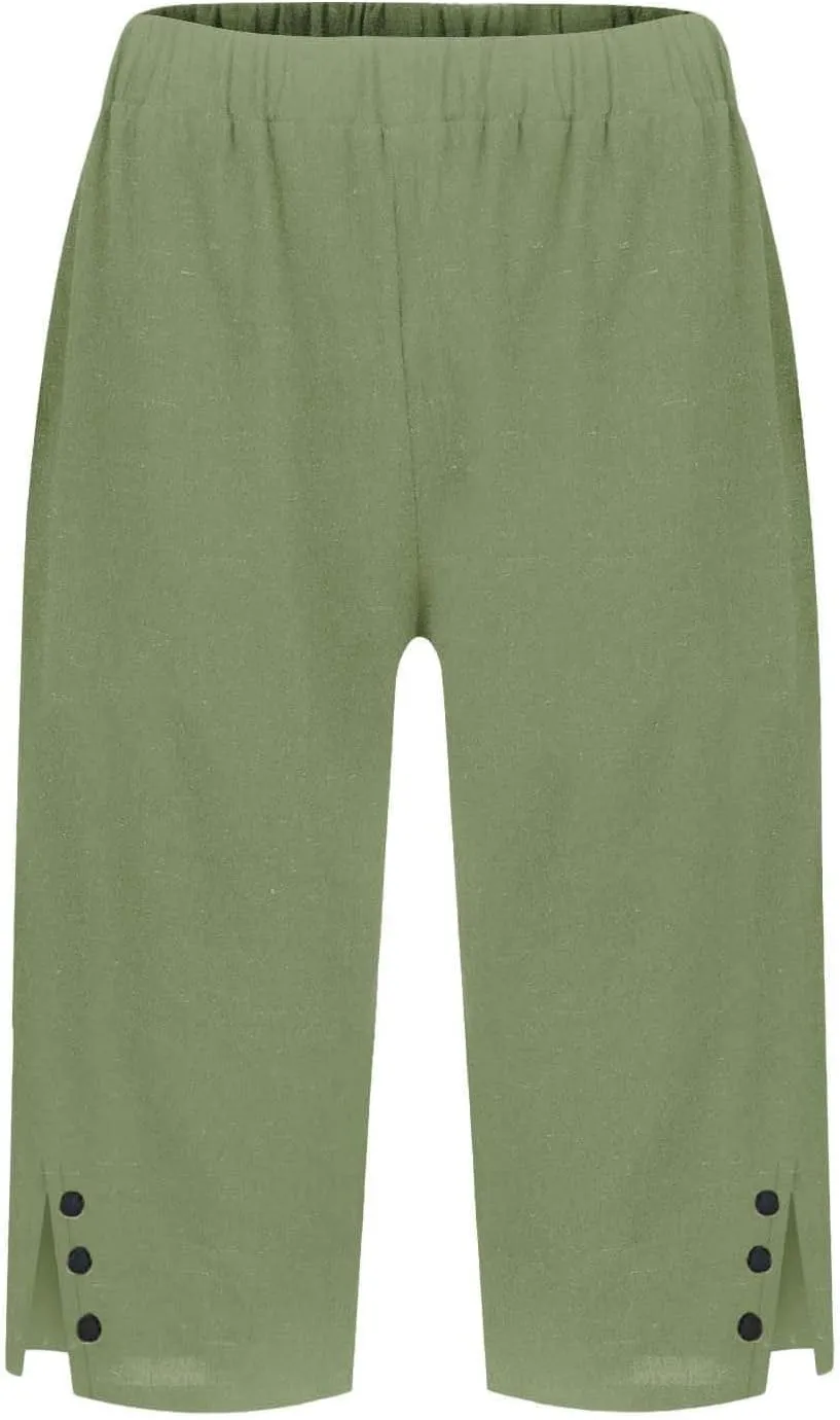 Women's High Waisted Linen Capri Pants Wide Leg Cropped Trousers with Pockets Bermuda Shorts for Casual Summer & Beach Wear