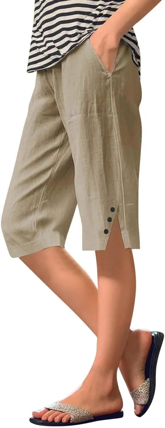 Women's High Waisted Linen Capri Pants Wide Leg Cropped Trousers with Pockets Bermuda Shorts for Casual Summer & Beach Wear