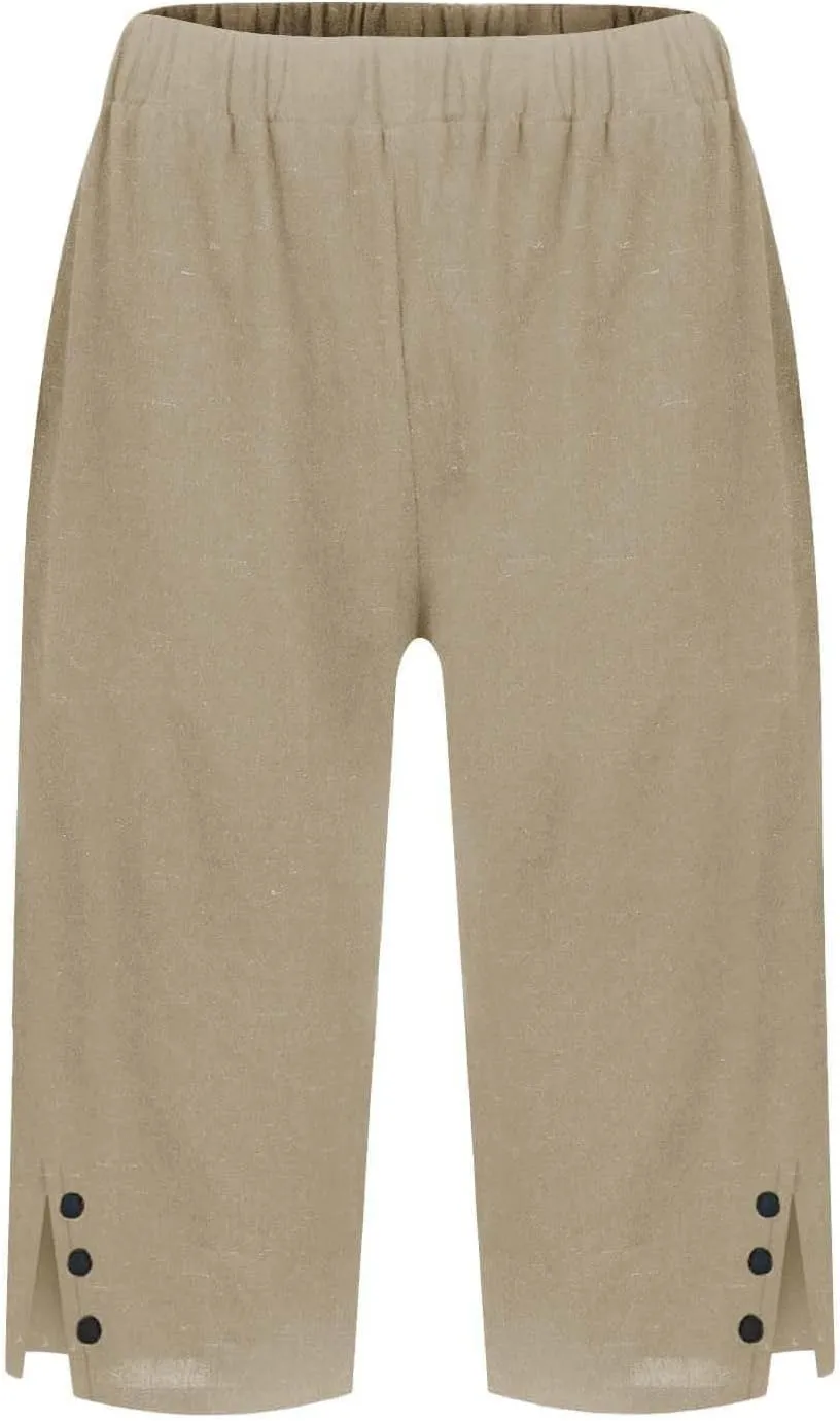 Women's High Waisted Linen Capri Pants Wide Leg Cropped Trousers with Pockets Bermuda Shorts for Casual Summer & Beach Wear