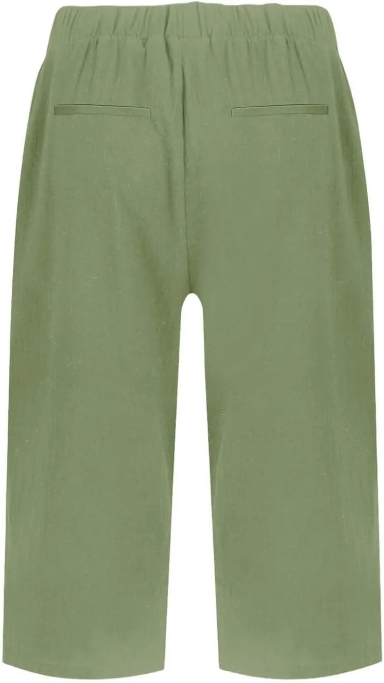 Women's High Waisted Linen Capri Pants Wide Leg Cropped Trousers with Pockets Bermuda Shorts for Casual Summer & Beach Wear