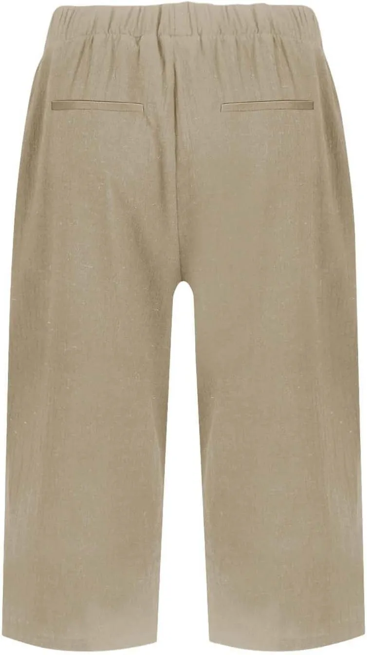 Women's High Waisted Linen Capri Pants Wide Leg Cropped Trousers with Pockets Bermuda Shorts for Casual Summer & Beach Wear