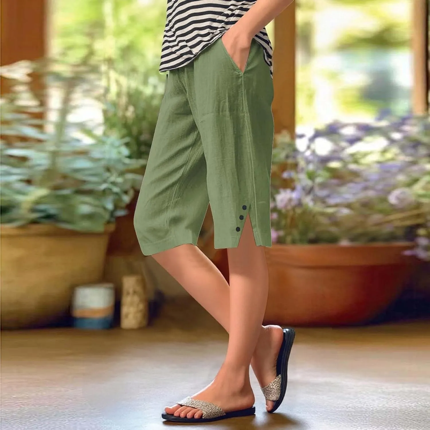 Women's High Waisted Linen Capri Pants Wide Leg Cropped Trousers with Pockets Bermuda Shorts for Casual Summer & Beach Wear