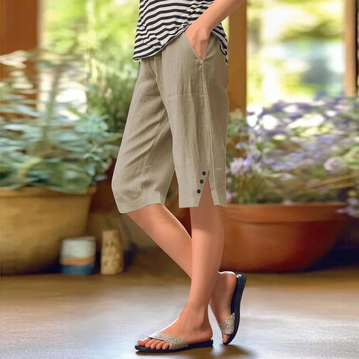 Women's High Waisted Linen Capri Pants Wide Leg Cropped Trousers with Pockets Bermuda Shorts for Casual Summer & Beach Wear