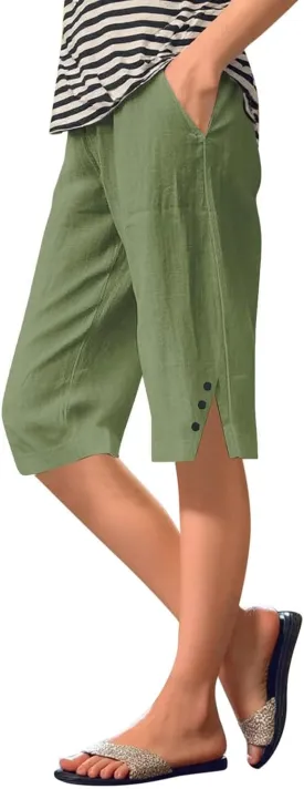 Women's High Waisted Linen Capri Pants Wide Leg Cropped Trousers with Pockets Bermuda Shorts for Casual Summer & Beach Wear