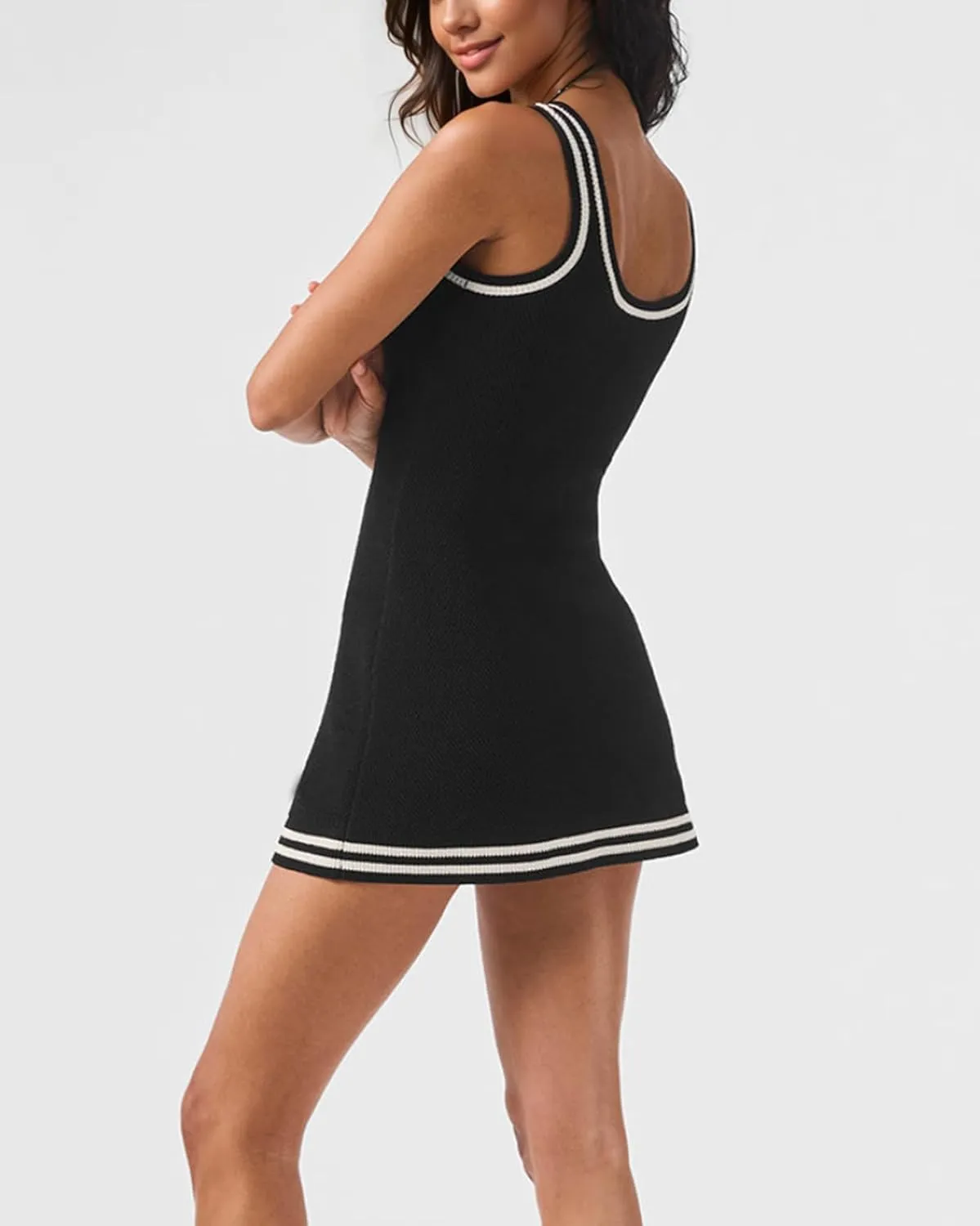 Women's Knit Tank Dress Sleeveless Striped Athletic Mini Dress Casual Bodycon Sweater