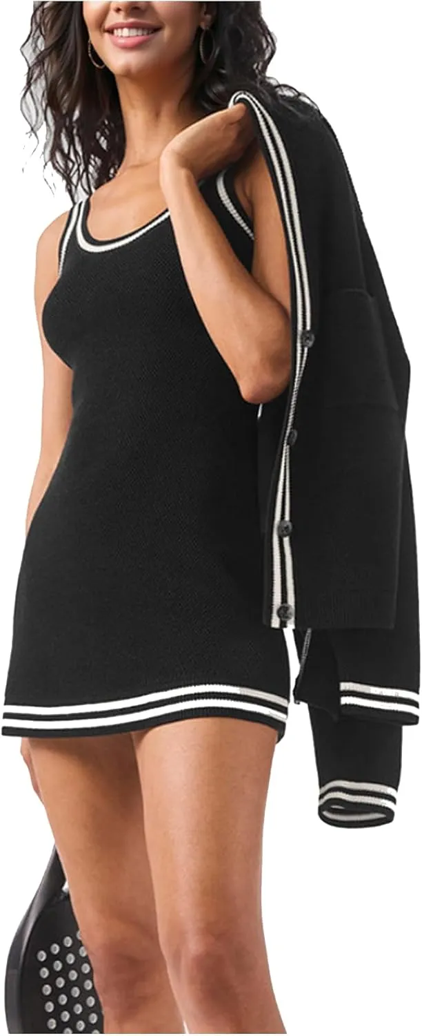 Women's Knit Tank Dress Sleeveless Striped Athletic Mini Dress Casual Bodycon Sweater
