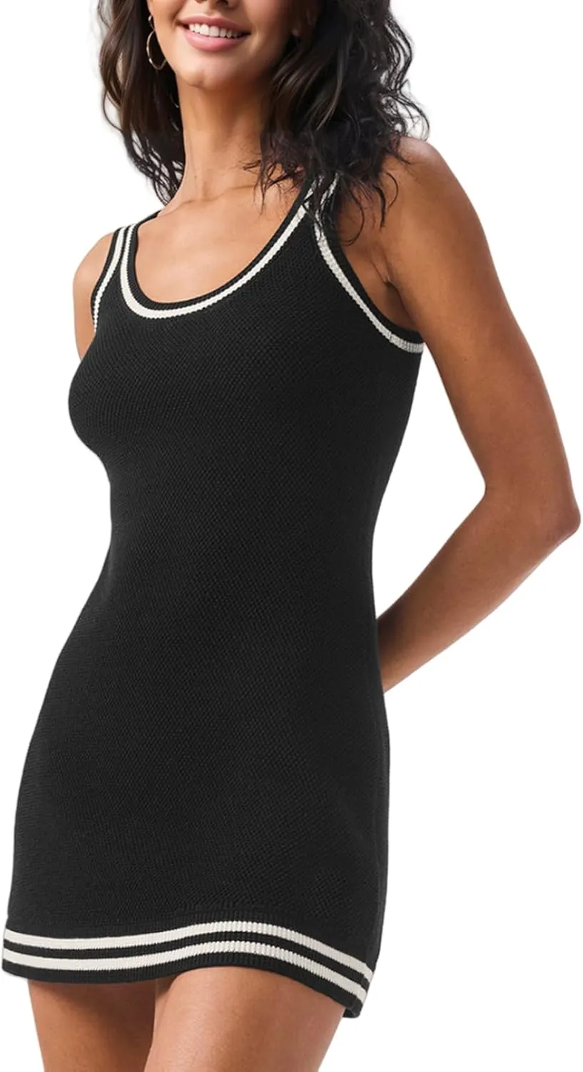 Women's Knit Tank Dress Sleeveless Striped Athletic Mini Dress Casual Bodycon Sweater