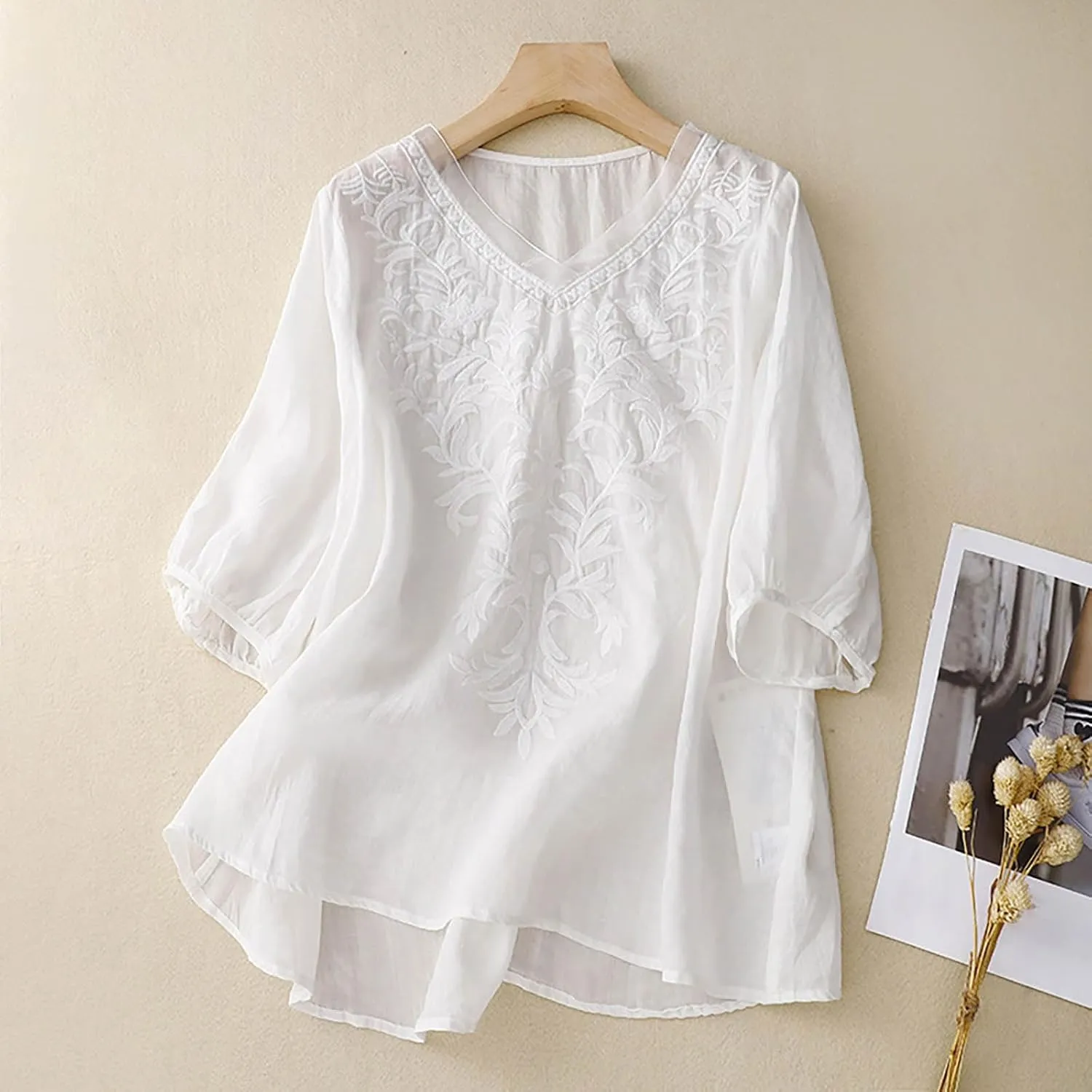 Womens Linen Shirts V-Neck Embroidery Blouse Floral 2025 Summer Tee Shirts Short Sleeve Loose T Shirts