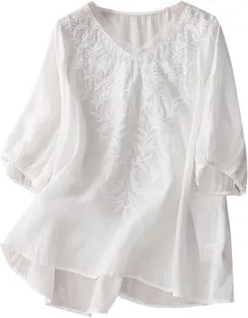 Womens Linen Shirts V-Neck Embroidery Blouse Floral 2025 Summer Tee Shirts Short Sleeve Loose T Shirts