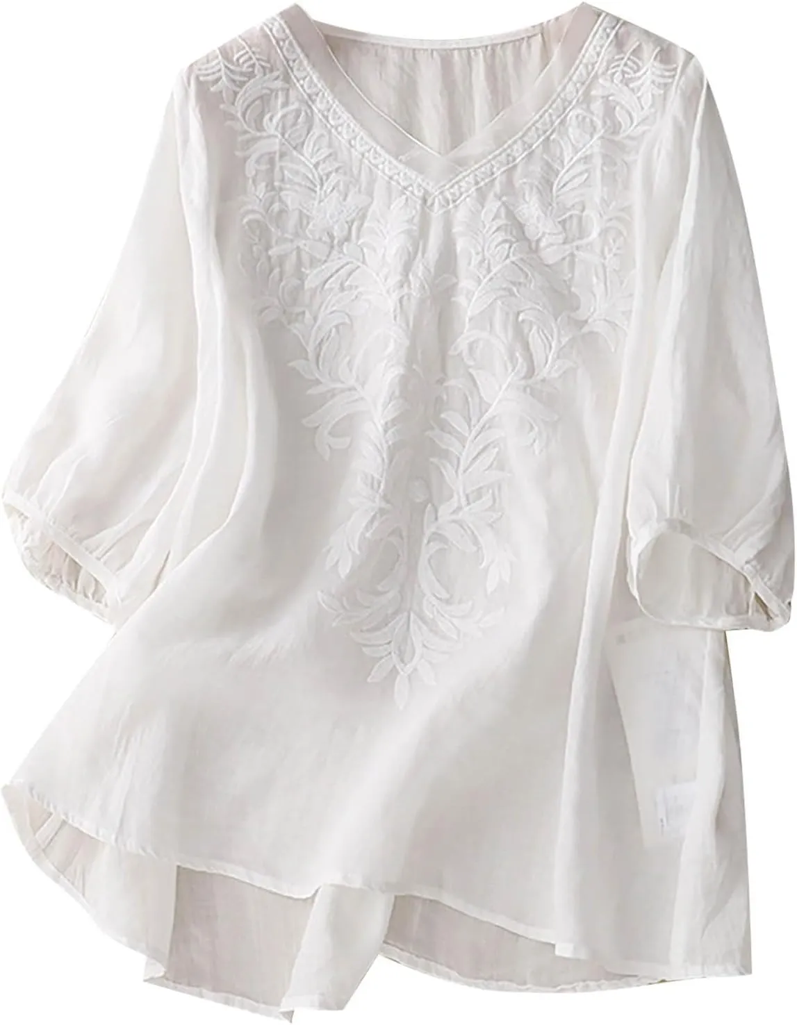 Womens Linen Shirts V-Neck Embroidery Blouse Floral 2025 Summer Tee Shirts Short Sleeve Loose T Shirts