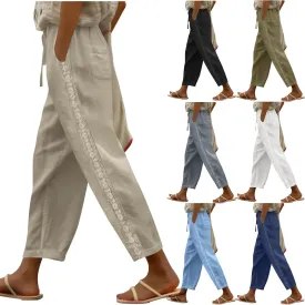 Women's Linen Summer Pants Casual Drawstring Straight Leg Beach Trousers with Pockets Vacation Clothes
