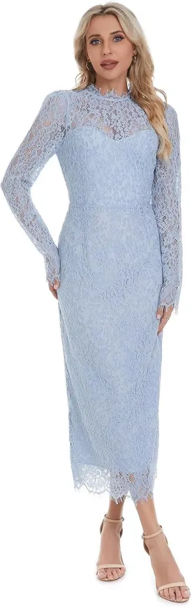 Women's Long Sleeve Lace Floral Elegant Cocktail Ocassion Party Midi Dress
