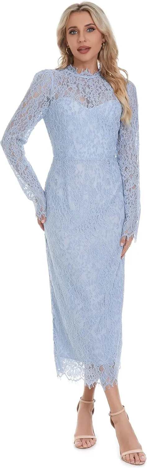 Women's Long Sleeve Lace Floral Elegant Cocktail Ocassion Party Midi Dress