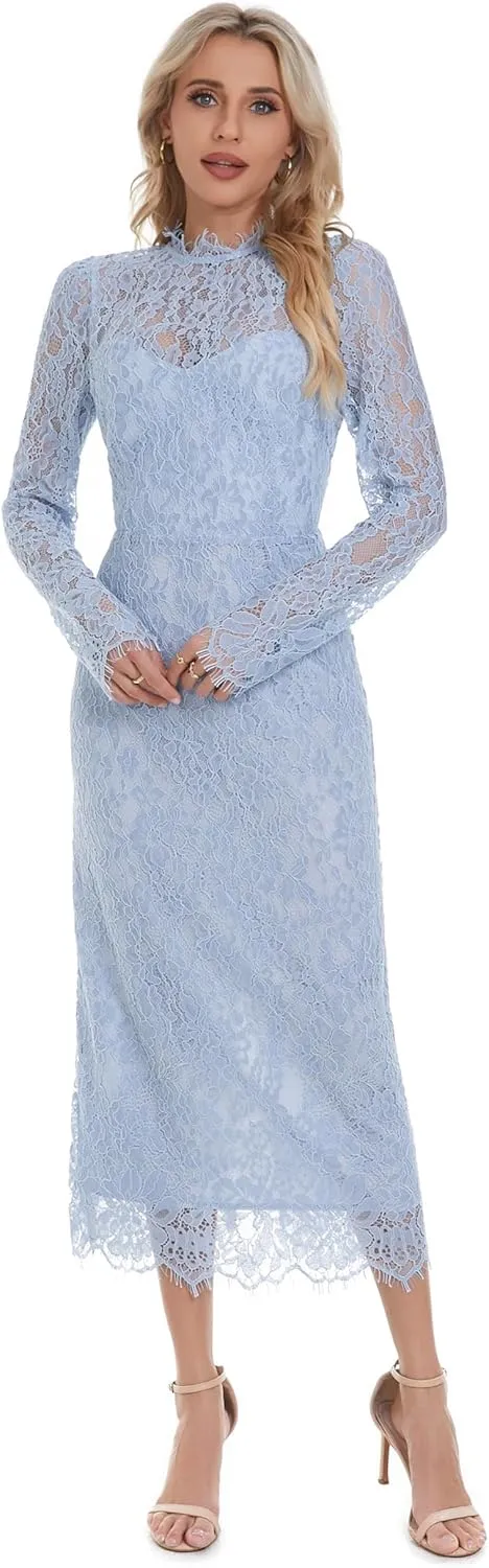 Women's Long Sleeve Lace Floral Elegant Cocktail Ocassion Party Midi Dress