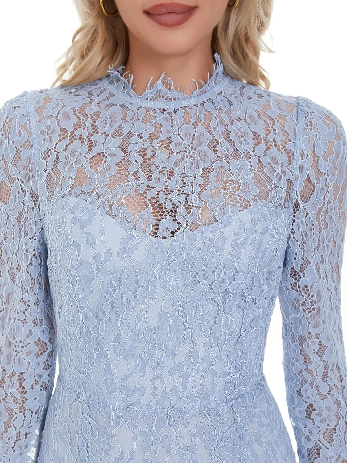 Women's Long Sleeve Lace Floral Elegant Cocktail Ocassion Party Midi Dress