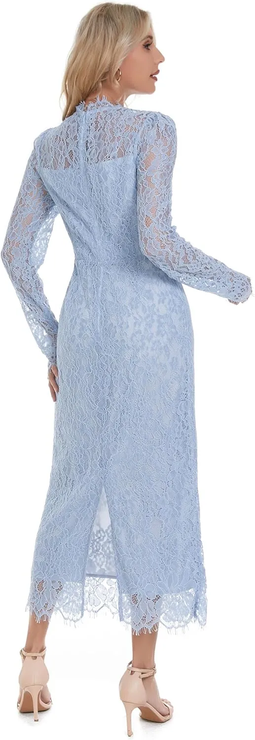 Women's Long Sleeve Lace Floral Elegant Cocktail Ocassion Party Midi Dress