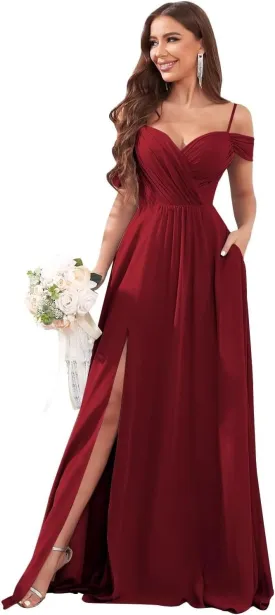 Women's Off The Shoulder Bridesmaid Dresses with Pockets Long Chiffon Wedding Guest Dress with Slit