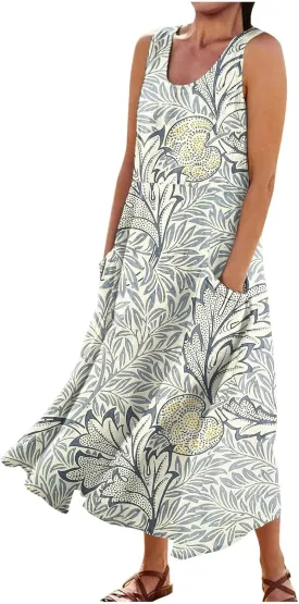 Womens Plus Size Summer Dresses 2025 Vintage Floral Flowy Beach Vacation Boho Sleeveless Tank Midi Sundresses with Pockets