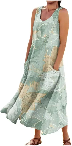 Womens Plus Size Summer Dresses 2025 Vintage Floral Flowy Beach Vacation Boho Sleeveless Tank Midi Sundresses with Pockets