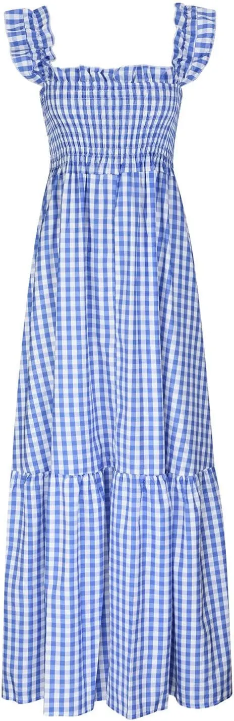 Womens Retro Plaid Smocked Dress Casual Summer Spaghetti Strap Square Neck Midi Dress Flowy A Line Long Dresses