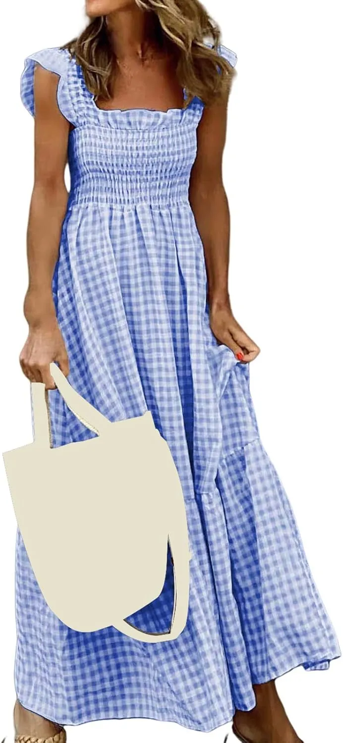 Womens Retro Plaid Smocked Dress Casual Summer Spaghetti Strap Square Neck Midi Dress Flowy A Line Long Dresses