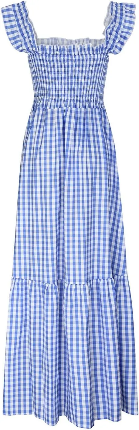 Womens Retro Plaid Smocked Dress Casual Summer Spaghetti Strap Square Neck Midi Dress Flowy A Line Long Dresses