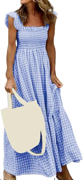 Womens Retro Plaid Smocked Dress Casual Summer Spaghetti Strap Square Neck Midi Dress Flowy A Line Long Dresses