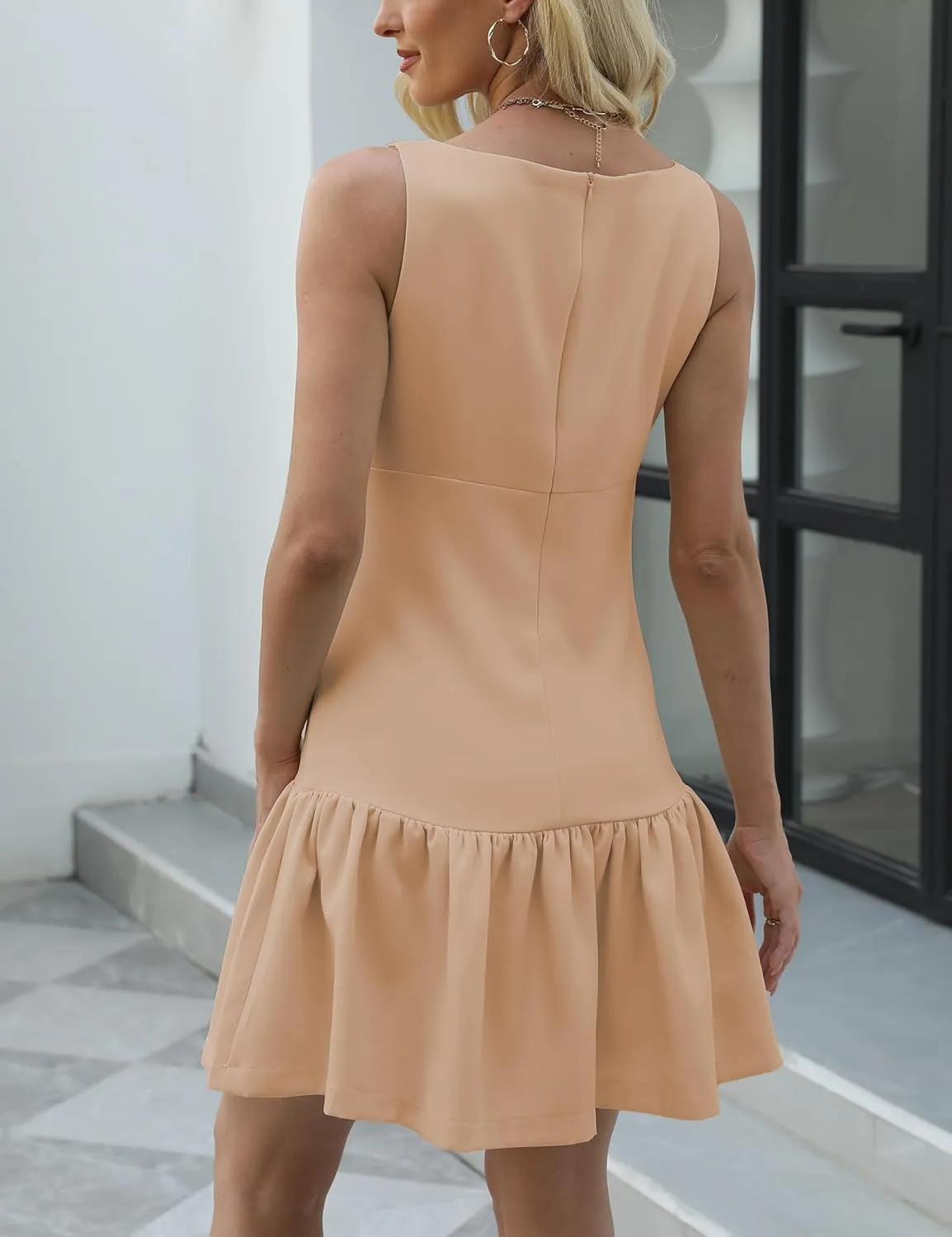 Womens Sleeveless Pleated Dress Girdling A Line Solid Color Pullover Round Neck Bow Zipper Back Mini Dress