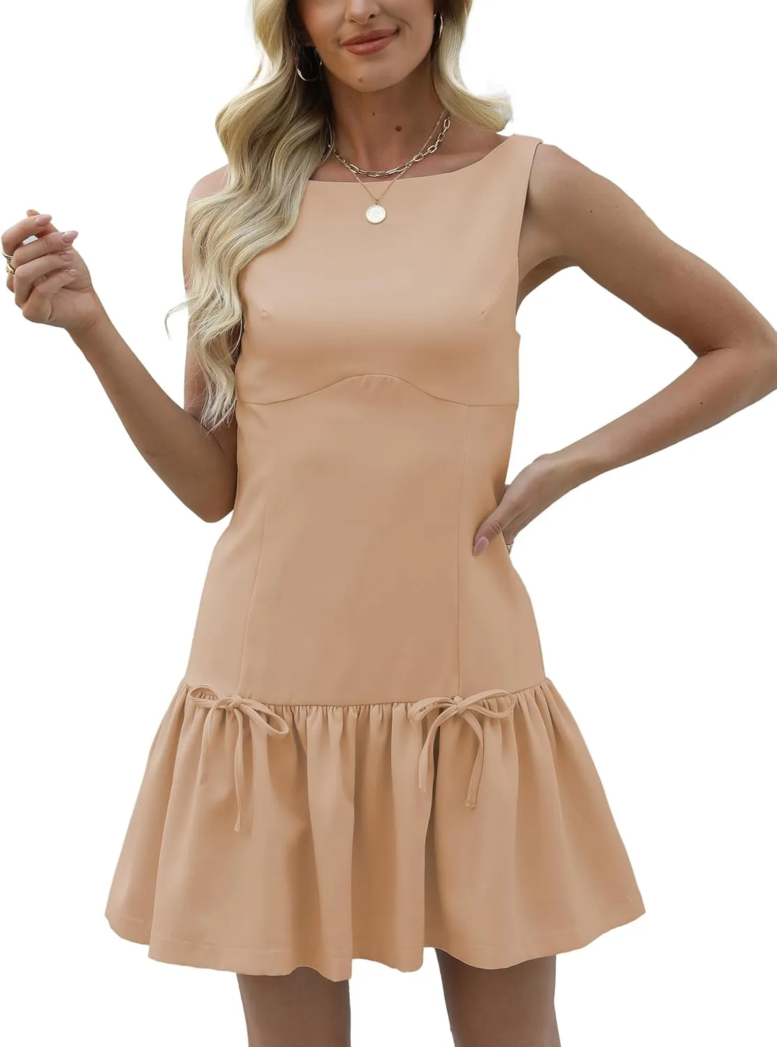 Womens Sleeveless Pleated Dress Girdling A Line Solid Color Pullover Round Neck Bow Zipper Back Mini Dress