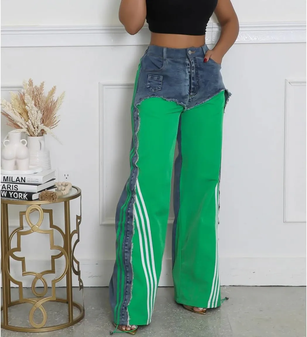 Womens Straight Leg Jeans High Waist Patchwork Stripes Loose Denim Pants Color Block Baggy Jeans