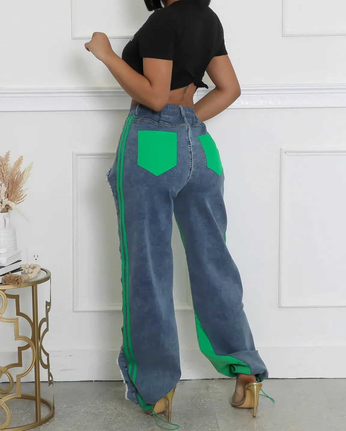 Womens Straight Leg Jeans High Waist Patchwork Stripes Loose Denim Pants Color Block Baggy Jeans