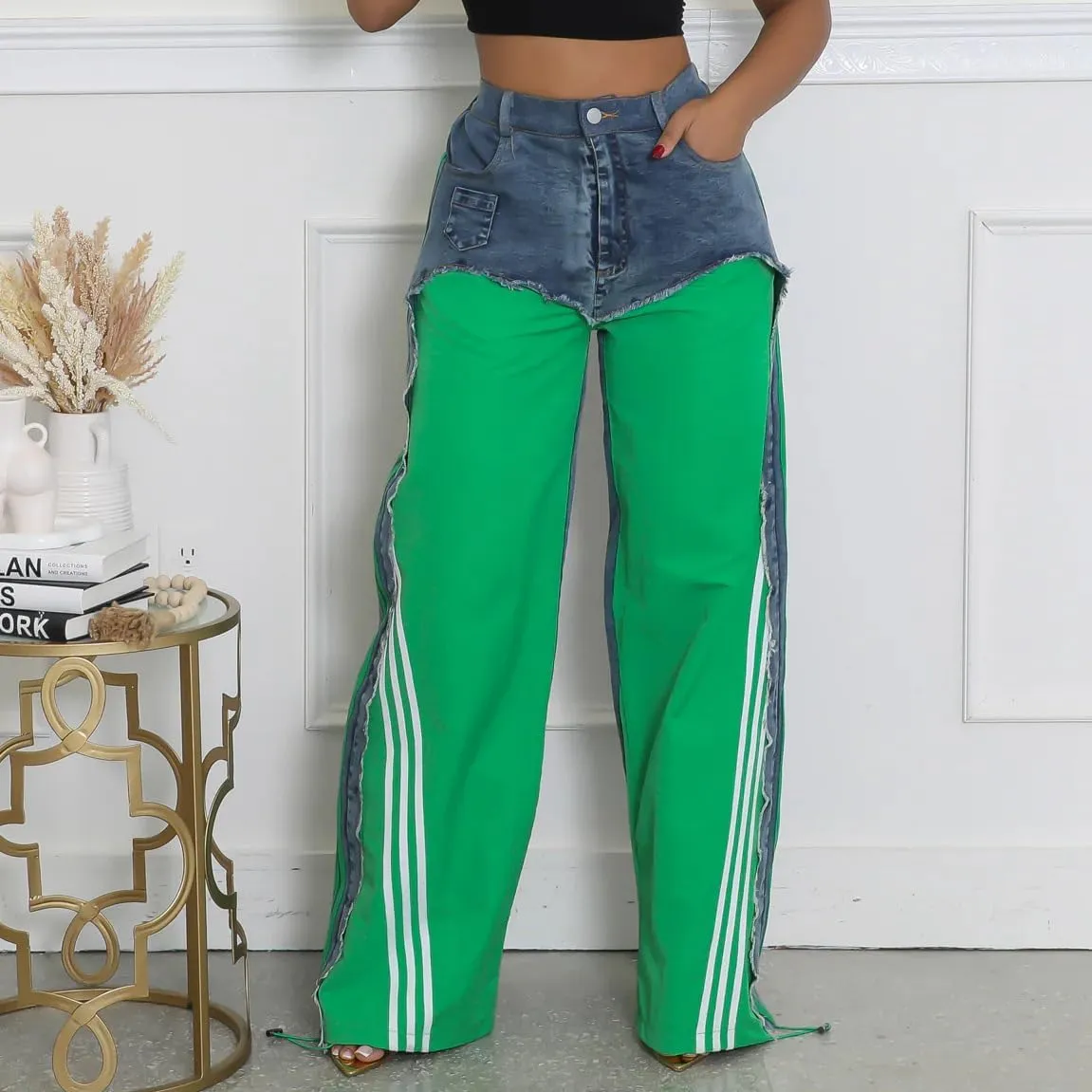 Womens Straight Leg Jeans High Waist Patchwork Stripes Loose Denim Pants Color Block Baggy Jeans