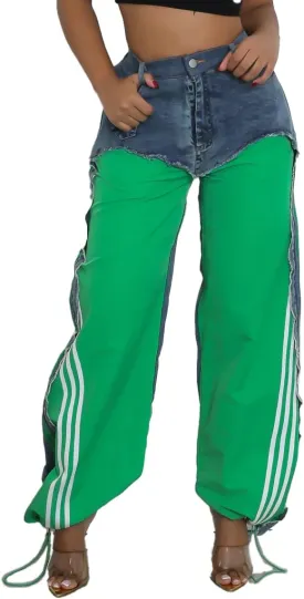 Womens Straight Leg Jeans High Waist Patchwork Stripes Loose Denim Pants Color Block Baggy Jeans