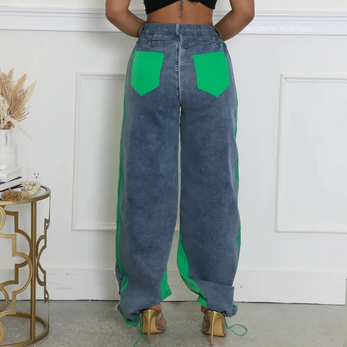 Womens Straight Leg Jeans High Waist Patchwork Stripes Loose Denim Pants Color Block Baggy Jeans