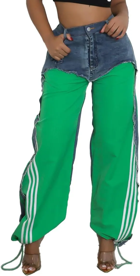 Womens Straight Leg Jeans High Waist Patchwork Stripes Loose Denim Pants Color Block Baggy Jeans