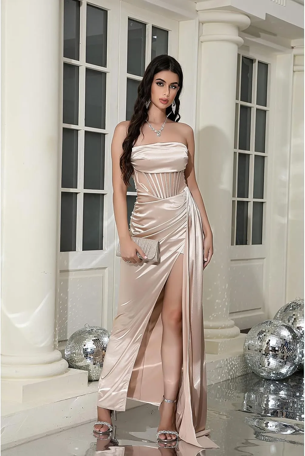 Women's Strapless Sleeveless Satin Prom Dresses Formal Dresses Waist Side Fluttering High Split Formal Evening Gowns
