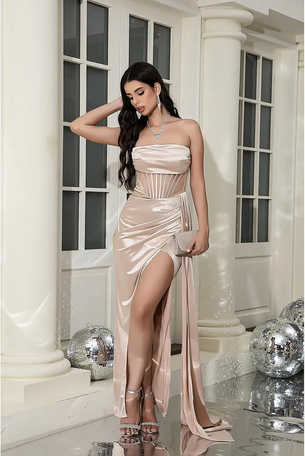 Women's Strapless Sleeveless Satin Prom Dresses Formal Dresses Waist Side Fluttering High Split Formal Evening Gowns