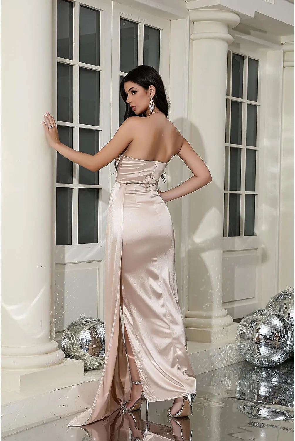Women's Strapless Sleeveless Satin Prom Dresses Formal Dresses Waist Side Fluttering High Split Formal Evening Gowns