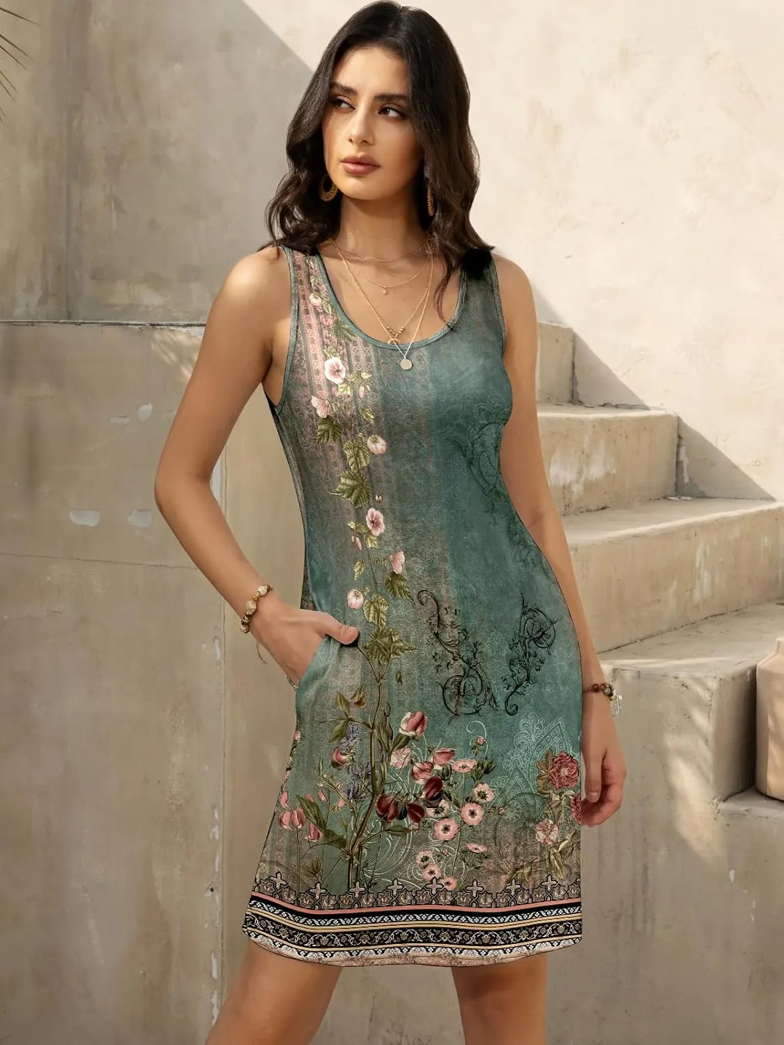 Women's Summer Dress 2025 Sleeveless Floral Boho Sundress Swimsuit Coverup Casual Loose Beach Vacation Tank Dresses