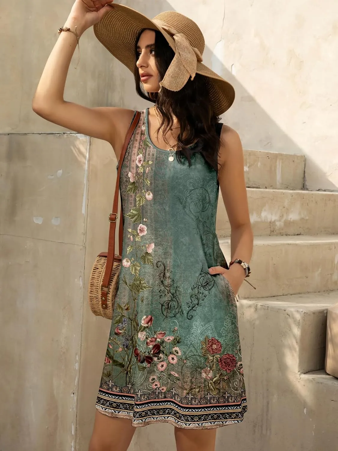 Women's Summer Dress 2025 Sleeveless Floral Boho Sundress Swimsuit Coverup Casual Loose Beach Vacation Tank Dresses