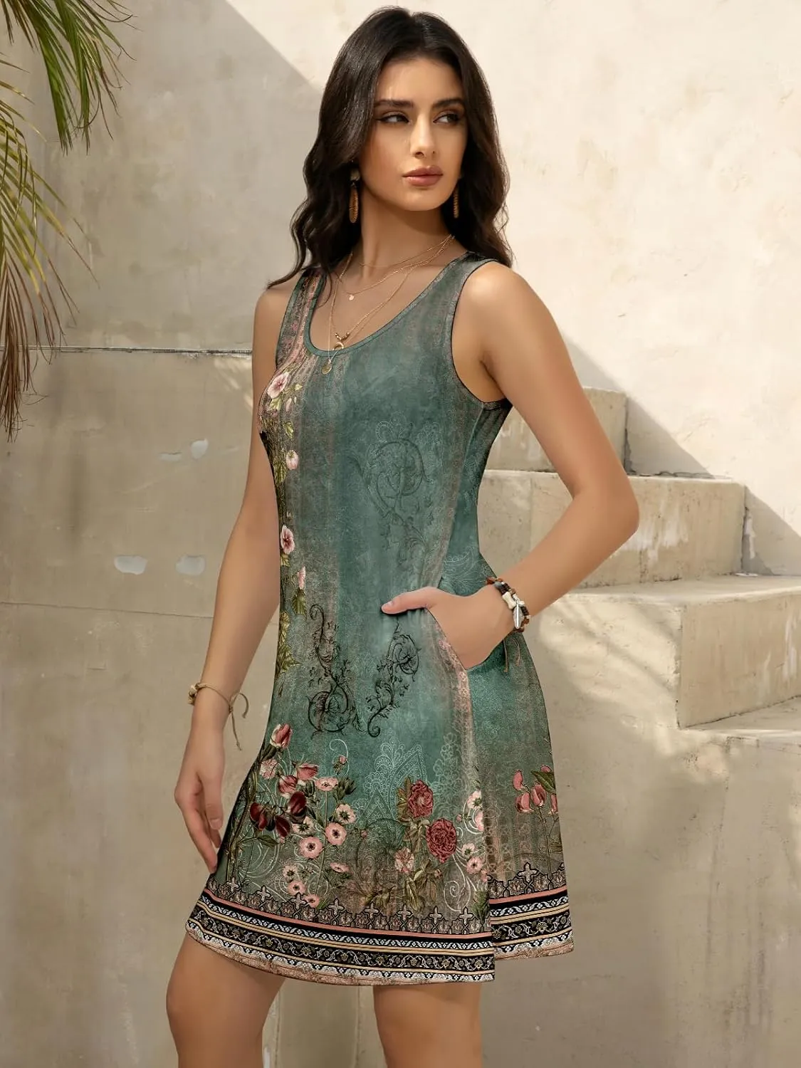 Women's Summer Dress 2025 Sleeveless Floral Boho Sundress Swimsuit Coverup Casual Loose Beach Vacation Tank Dresses