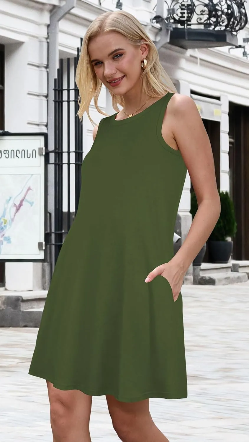 Womens Summer Dresses Casual Sleeveless Tshirt Sundress Beach Cover Up with Pockets Loose Tank Dress