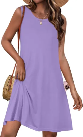 Womens Summer Dresses Casual Sleeveless Tshirt Sundress Beach Cover Up with Pockets Loose Tank Dress